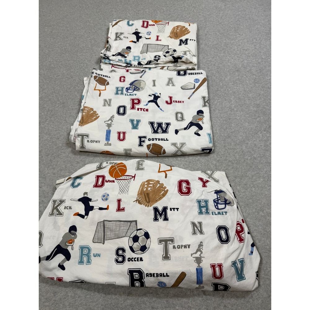 Pottery Barn Kids Twin Sheet Set Sports Alphabet Baseball Football Soccer 3pc